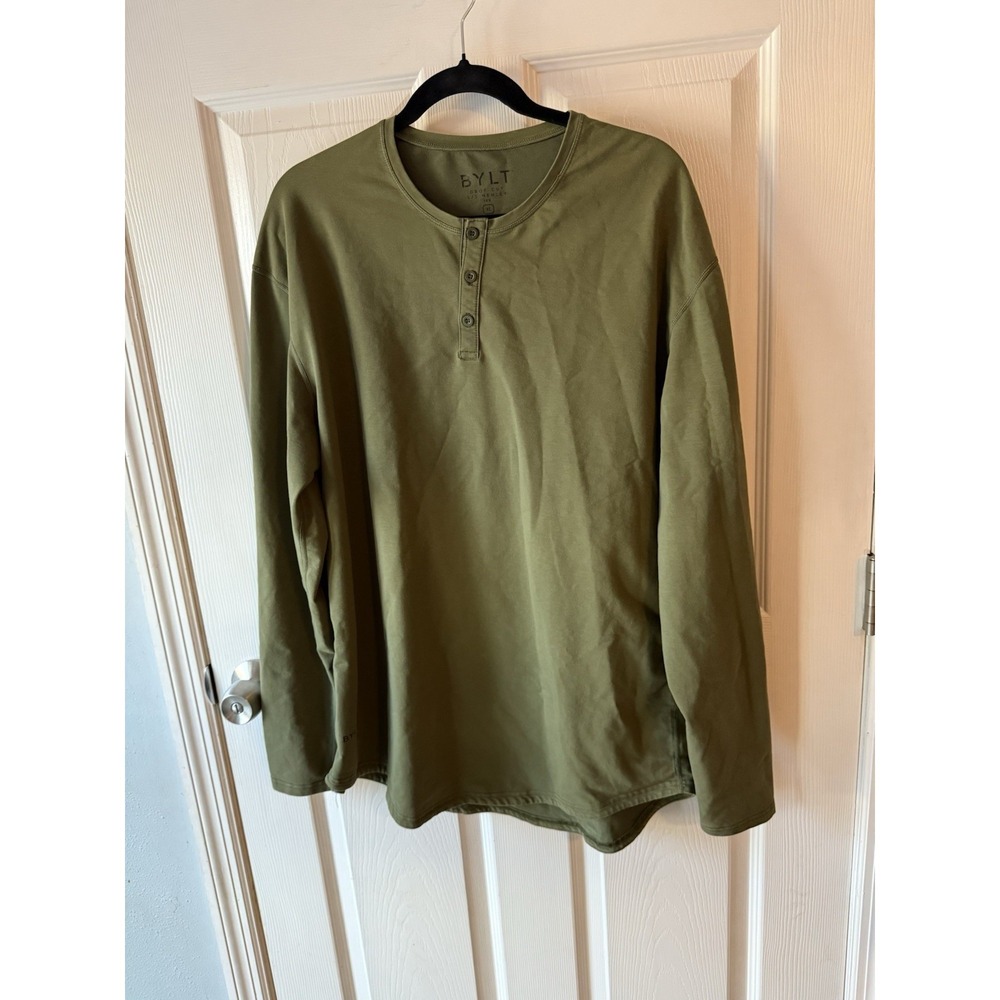 BYLT Drop Cut Lux Henley T Shirt‎ Men XL  Olive Green Stretch Training Casual